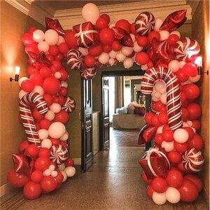 Christmas Balloon Arch Kit - Red White Balloons, Candy Balloons, Red Star Foil